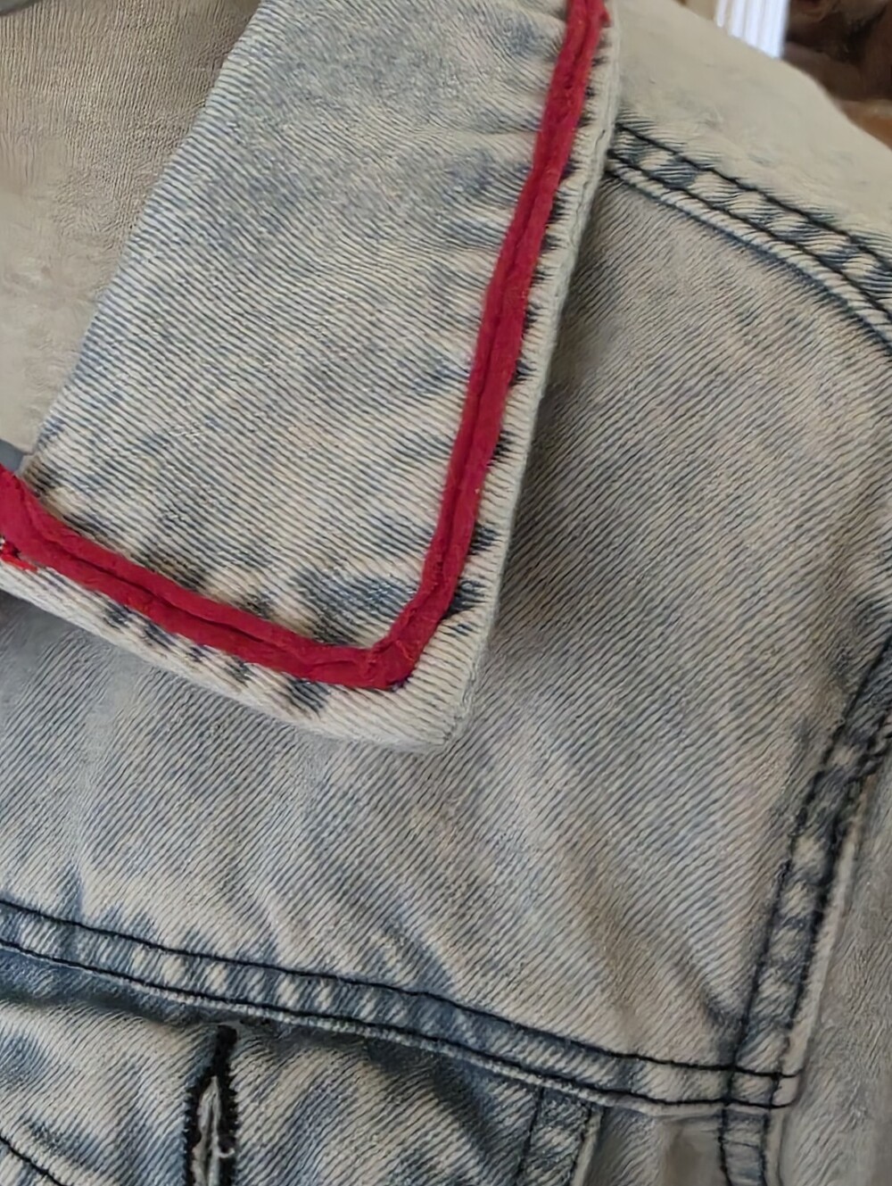 HAND CRAFTED Jacket UPCYCLED Blue Denim Embroidered Cat Glasses Tee Size Small - Picture 8 of 15